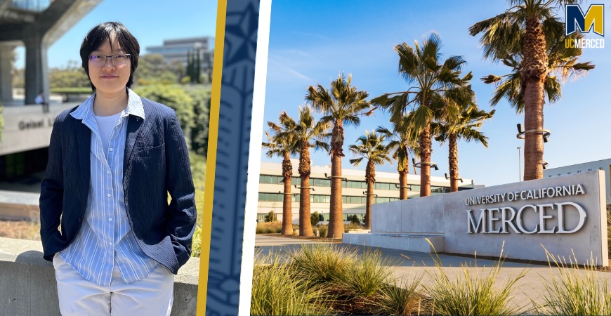 Photo depicts Professor Xiaofan Yu standing next to the UC Merced sign.