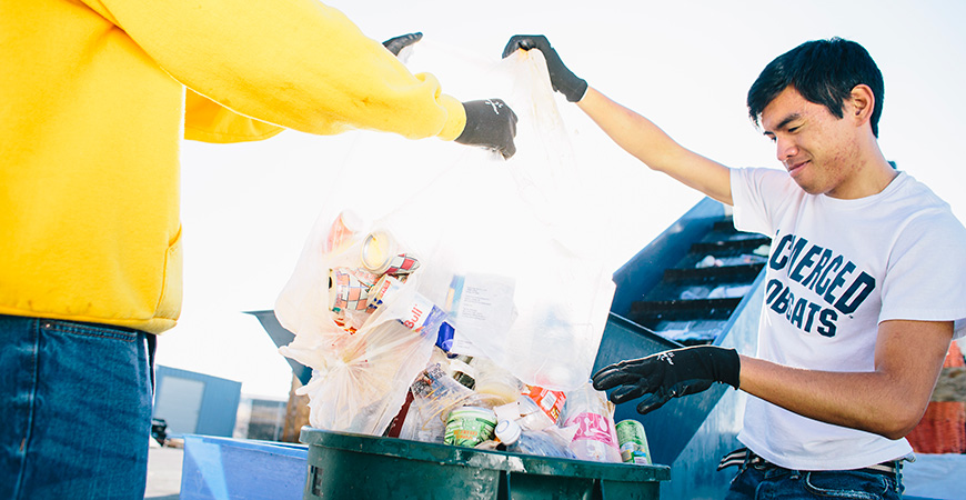 Andrew De Los Santos works in the recycling and composting center to help UC Merced attain Triple Net Zero.