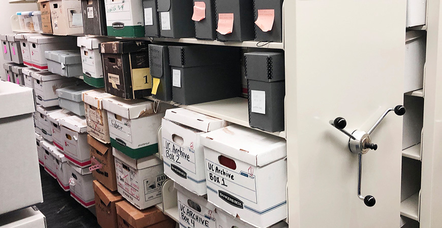 Archives are seen in storage at the UC Merced Library.