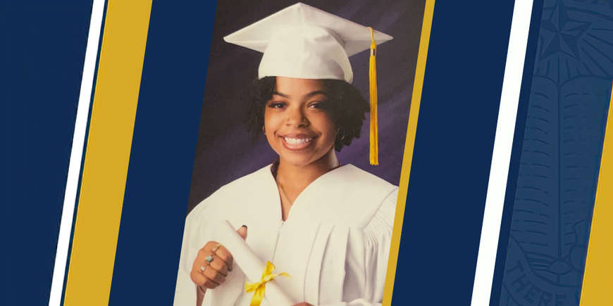 Kamil Williams-Fisher, of Los Angeles, dons her high school graduation cap and gown.