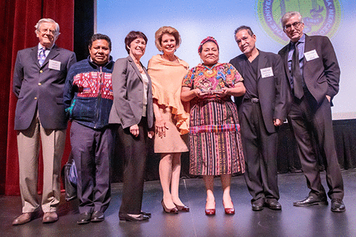 From left: Fernando Guerrero, Angel Francisco Canil Grave, Chancellor Dorothy Leland, Sherrie Spendlove, Rigoberta Menchú Tum, Arturo Arias and Jeffrey Gilger