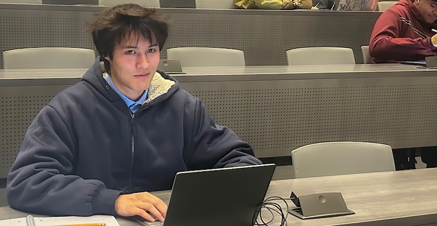 UC Merced student Josh Ren is pictured in an economics class.